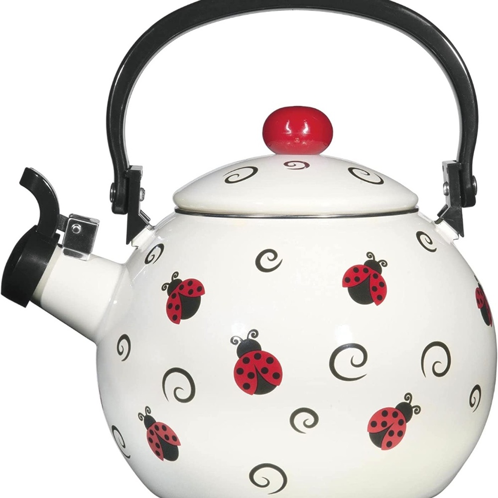 Whistling Tea Kettle for Stove Top Ladybug Decor Enamel on Steel Teakettle.